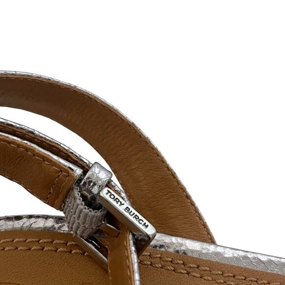 Tory Burch Elana Leather Sandals Kitten Heel Ankle strap Silver Sz 9 preppy chic - Picture 8 of 12